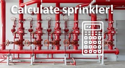 Red fire sprinkler system pipes and valves with white calculator overlay showing